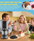 Outer Bowl Lid With Paddle Replacement For Ninja Ice Cream Maker Creami on counter with lid and blade, family enjoying ice cream