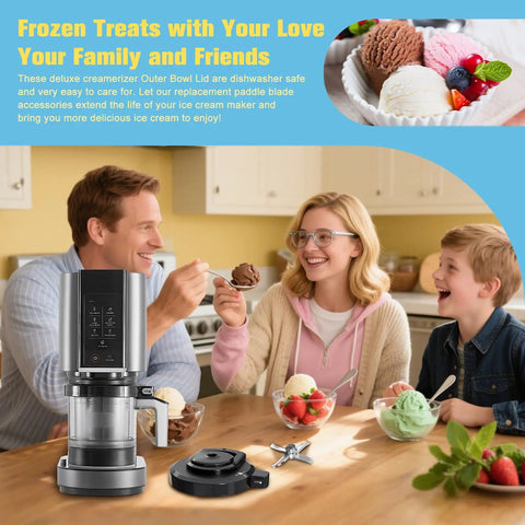 Outer Bowl Lid With Paddle Replacement For Ninja Ice Cream Maker Creami on counter with lid and blade, family enjoying ice cream
