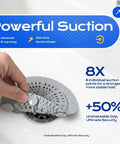 2 Pack Silicone Shower Drain Hair Catcher Designed For Sunken Tub Installations Heavy Duty Strainer with powerful suction in use.