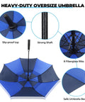 Heavy Duty Golf Umbrella With Windproof Vented Double Canopy And Swift Auto Open Delivers No Sweat Storm Shielding For Dope Rain Coverage, featuring fiberglass ribs and strong shaft.
