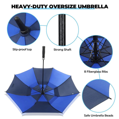 Heavy Duty Golf Umbrella With Windproof Vented Double Canopy And Swift Auto Open Delivers No Sweat Storm Shielding For Dope Rain Coverage, featuring fiberglass ribs and strong shaft.