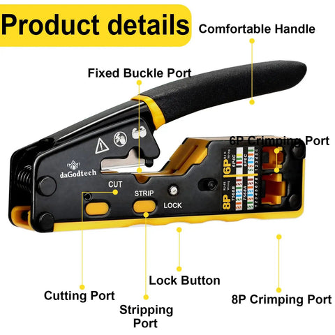 RJ45 Crimp Tool Kit All In One Ethernet Crimper With Cable Tester And Wire Stripper showing cutting and crimping ports