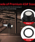 Close-up of 2 piece front differential oil drain and fill plug kit for Polaris RZR UTVs showing plug, O-ring, and steel material