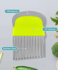 Crinkle cutter and French fry cutter with stainless steel blades and neon yellow-green plastic handle