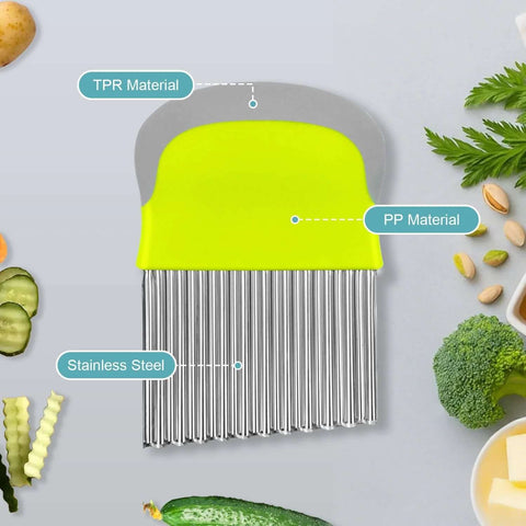 Crinkle cutter and French fry cutter with stainless steel blades and neon yellow-green plastic handle