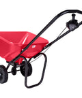 Beefy Workhorse Walk Behind Broadcast Spreader with red 65 lb poly hopper and epoxy coated frame, side view angle with rugged poly tires