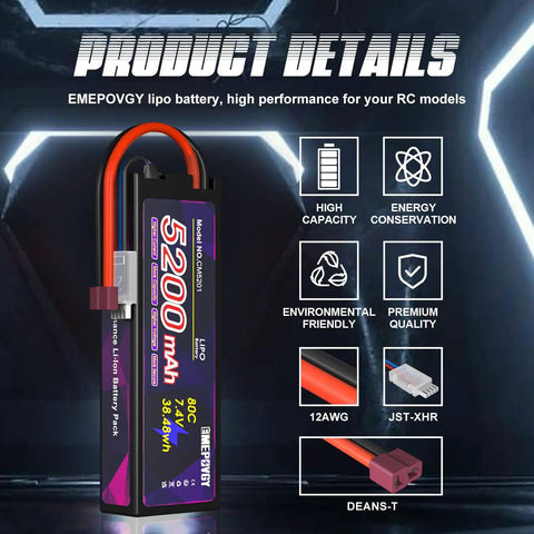 7.4V 2S 5200mAh 80C LiPo RC Battery With Hard Case And T Connector For 1 8th Scale And 1 10th Scale RC Cars And Trucks Dual Pack