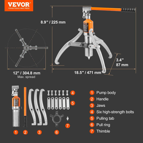 VEVOR hydraulic gear puller, 15-ton capacity, orange handle, front view with 4 jaws and 6 bolts