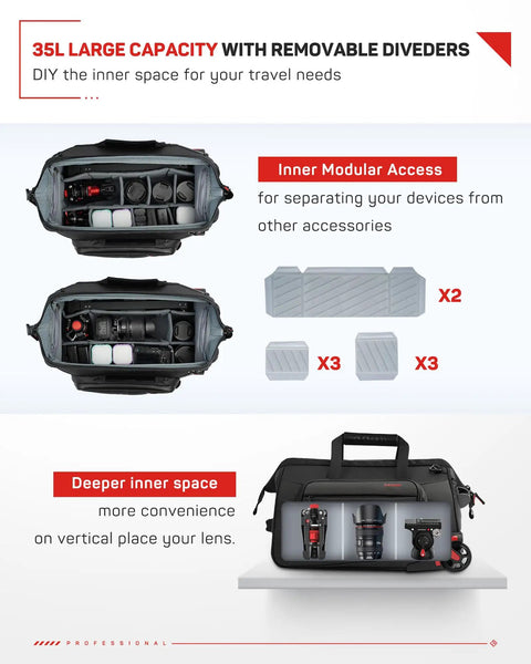 35L Rolling Camera Bag With Side Access And Wheels Two In One Travel DSLR Backpack interior with modular compartments