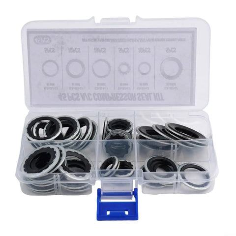 Garage Grade Car AC Compressor Seal Kit With Gasket Set, 45 Pieces, 6 Sizes in Clear Plastic Box