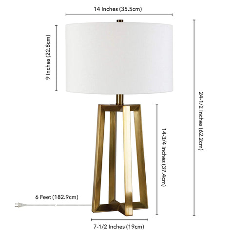 Tall Table Lamp With Brass Finish And White Drum Fabric Shade, 24.5 Inch Tall, base and shade dimensions shown