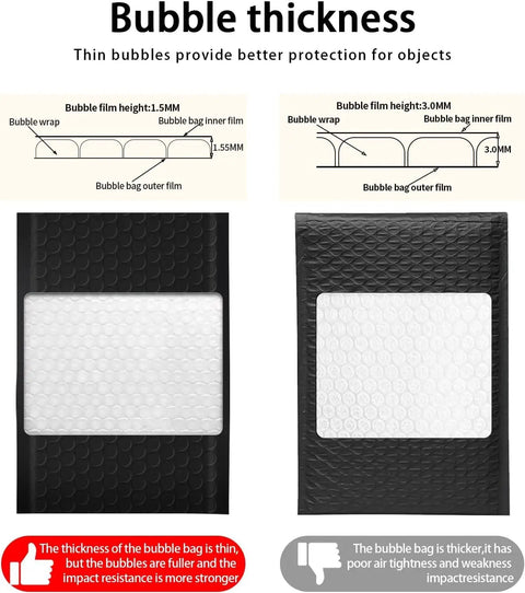 Diagram comparing bubble thickness of 6x10 black padded mailers; part of the "Six By Ten Inch Bubble Mailers 100 Pack Black Padded Envelopes Waterproof"