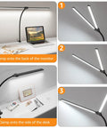 Ultra Wide Dual Head LED Desk Lamp With Clamp, 31.5 inch spread, shown clamped on back of monitor and side of desk for home office