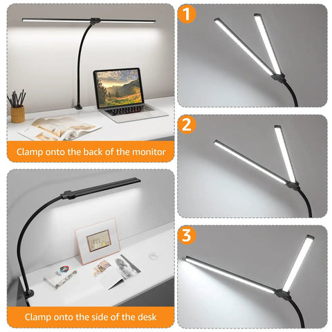 Ultra Wide Dual Head LED Desk Lamp With Clamp, 31.5 inch spread, shown clamped on back of monitor and side of desk for home office