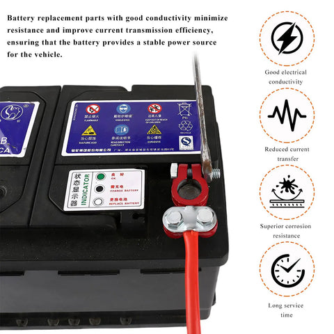 Beefy Battery Terminal Connectors With Anticorrosion Washers And Color Coded Top Post Clamps for hassle free cable hookup shown on battery.