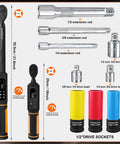 Digital Torque Wrench Set With Dual Direction Ratchets Three Eighths Inch Drive And One Half Inch Drive, 11 Accessories