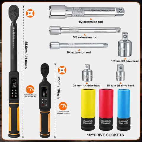 Digital Torque Wrench Set With Dual Direction Ratchets Three Eighths Inch Drive And One Half Inch Drive, 11 Accessories