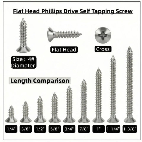 Rock Solid Hundred Pack Of Number 4 Flat Head Phillips Self Tapping Screws Crafted From Corrosion Resistant 304 Stainless Steel For Heavy Duty Sheet Metal Work And Wood Projects length comparison chart