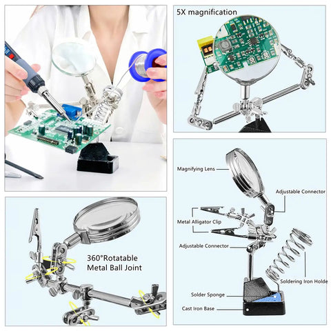 All In One Soldering Kit With 80W Adjustable Temperature Iron, Multimeter, Helping Hand, Desoldering Pump, Extra Tips, Solder Wire, Heat Shrink Tubing And Tape, Tweezers And Screwdriver For Pro Level Repairs showing helping hand tools and magnifier