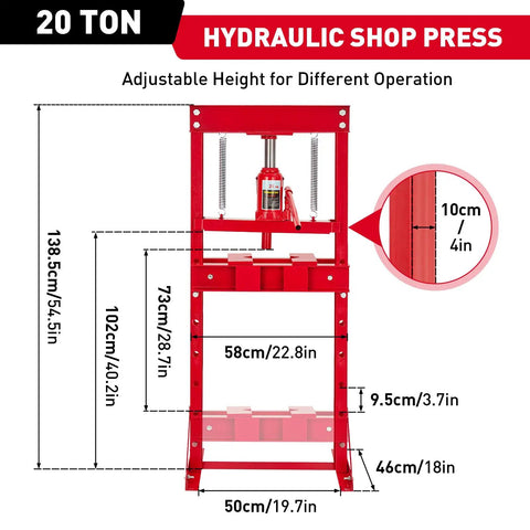 20 Ton Hydraulic Press Heavy Duty Adjustable H Frame Garage Floor Shop Press With Stamping Plates dimensions diagram