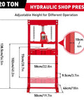 Tough As Nails 20 Ton Hydraulic Press H Frame Shop Workhorse With Adjustable Base and Heavy Plates for metal bending, illustrated dimensions.