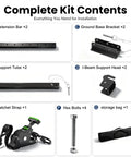 Complete kit contents for Bounce Killer RV I Beam Stabilizer Jack including extension bars, support tubes, brackets, ratchet strap.