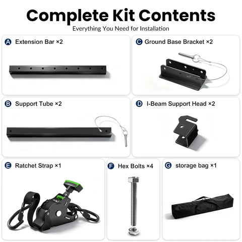 Complete kit contents for Bounce Killer RV I Beam Stabilizer Jack including extension bars, support tubes, brackets, ratchet strap.