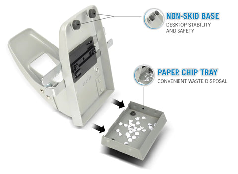 Heavy Duty Office Two Hole Paper Punch, 40 Sheet Capacity, One Quarter Inch Hole Punch with removable tray and non-skid base.