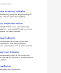 List of application areas for torque loosening indicator, visual inspection marker, tamper indicator, assignment indicator, and threadlocker.