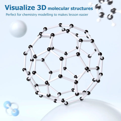 Organic Chemistry Molecular Model Kit 444 Pcs Complete Set with 136 Atoms, 158 Bonds, and 150 Fullerene Units featuring a 3D structure model with interconnected bonds