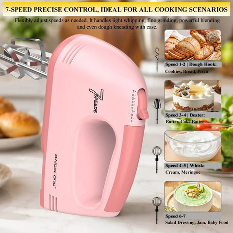 Heavy Duty Pink Hand Mixer With Seven Speed Settings And Five Durable Stainless Steel Attachments Including Flat Beaters Dough Hooks And A Balloon Whisk Plus Secure Storing Case For Nailing Every Bake And Weekend Kitchen Champs, showcasing 7-speed control.