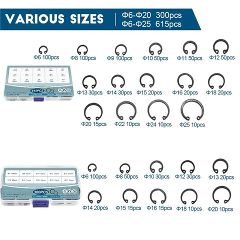 Internal Circlip Retaining Ring Kit 900Pcs To 1845Pcs Carbon Steel 6-25mm sizes in organized box for shafts, bearings.