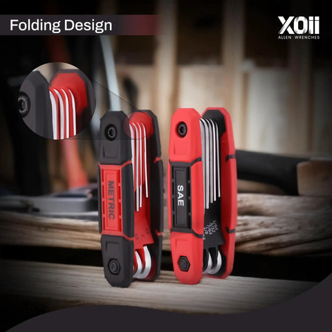 17 Piece Folding Allen Wrench Set With SAE And Hex Keys, red portable multi tool for automotive, bike, home, DIY repairs