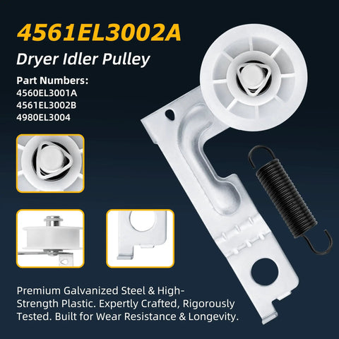 Beefed Up Replacement Dryer Roller Kit for Front Load Dryers with 4561EL3002A idler pulley in galvanized steel and plastic