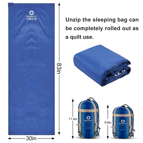Warm Weather Outdoor Sleeping Bag Waterproof Ultra Lightweight And Compact With Compression Sack size 83x30 inches