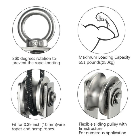 Stainless Steel Cable Pulley Wheel With Dual Bearings For Smooth Rope Handling, 360 Degree Rotation, Fits 11mm Ropes, Heavy Duty Gear For Gym Pulleys And Clotheslines, Built Tough, 4 Pack, stainless steel pulley with rope