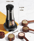 2 In 1 Rechargeable Salt And Pepper Grinder Set With USB C Charging Base, dual chamber, surrounded by spices, dimensions shown