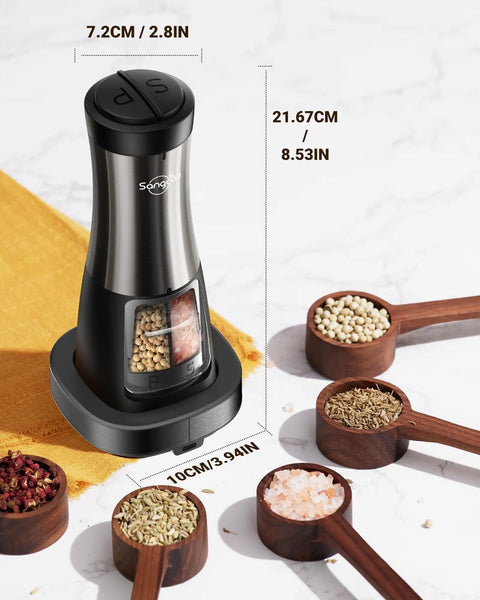 2 In 1 Rechargeable Salt And Pepper Grinder Set With USB C Charging Base, dual chamber, surrounded by spices, dimensions shown