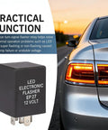 5 Pin LED Turn Signal Flasher Relay for Hyper Flash Fix EP27N next to rear view of car with lit turn signal