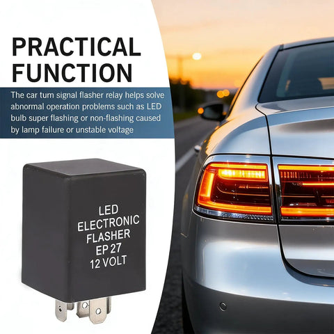5 Pin LED Turn Signal Flasher Relay for Hyper Flash Fix EP27N next to rear view of car with lit turn signal