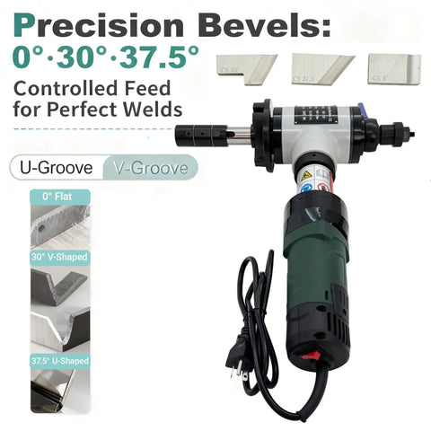 Heavy Duty Electric Pipe Beveling Machine Handheld Internal Expanding Tube Prep Tool With Knockout Power For 40 To 120 Mm ID with U and V groove settings.