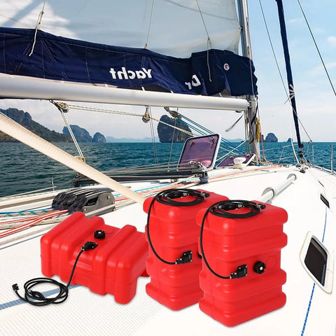 12 Gallon Portable Marine Gas Tank With Fuel Line And Universal Adapter HDPE Leak Proof Design Built In Fuel Gauge on yacht