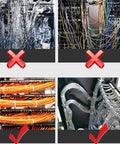 Comparison of disorganized vs organized cables, highlighting the use of Heavy Duty Nylon Cable Zip Ties 8 Inch Self Locking Wire Ties UV Resistant 50 Lbs Tensile Strength 100 Pack for Cable Management Industrial Grade Fastening Solutions.