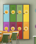 Colorful lockers with Sun Name Tag Stickers 135 Pieces In 9 Cute Designs Perfect For Back To School Classroom Decor Bulletin Board Labels.