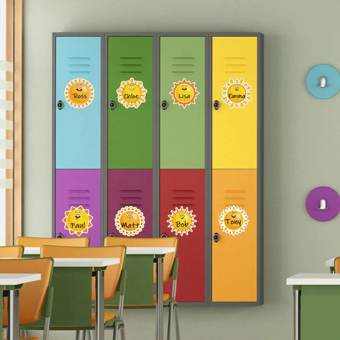 Colorful lockers with Sun Name Tag Stickers 135 Pieces In 9 Cute Designs Perfect For Back To School Classroom Decor Bulletin Board Labels.