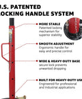 U.S. PATENTED LOCKING HANDLE SYSTEM features ergonomic handle and wide base for Heavy Duty 1.5 Ton Underhoist Support Stand With Patent Twist Lock Handle For Auto Repair Backyard Boss Workhorse Transmission Exhaust Suspension Shop Upgrade.