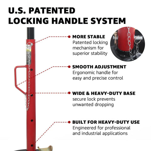U.S. PATENTED LOCKING HANDLE SYSTEM features ergonomic handle and wide base for Heavy Duty 1.5 Ton Underhoist Support Stand With Patent Twist Lock Handle For Auto Repair Backyard Boss Workhorse Transmission Exhaust Suspension Shop Upgrade.