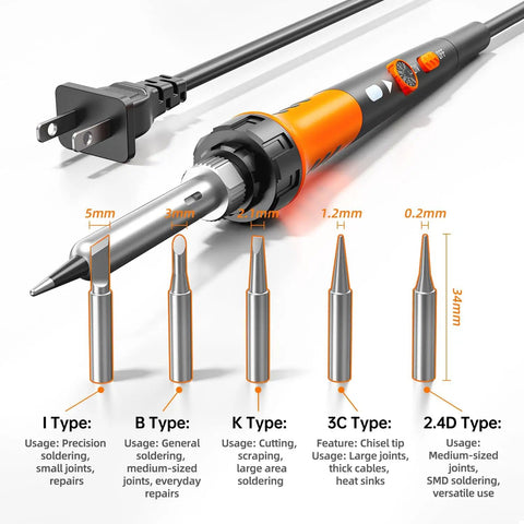 Pro Grade Soldering Kit With 60W Soldering Gun And Ceramic Heater, 12 In 1 Tool Set showing various soldering tips and uses