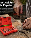 Heavy Duty Screw Extractor And Left Hand Drill Bits Set, Cobalt Tool Steel kit with drill and extractor in red case on workbench.
