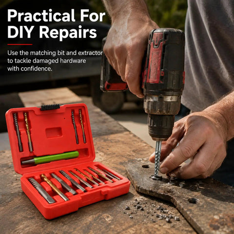 Heavy Duty Screw Extractor And Left Hand Drill Bits Set, Cobalt Tool Steel kit with drill and extractor in red case on workbench.